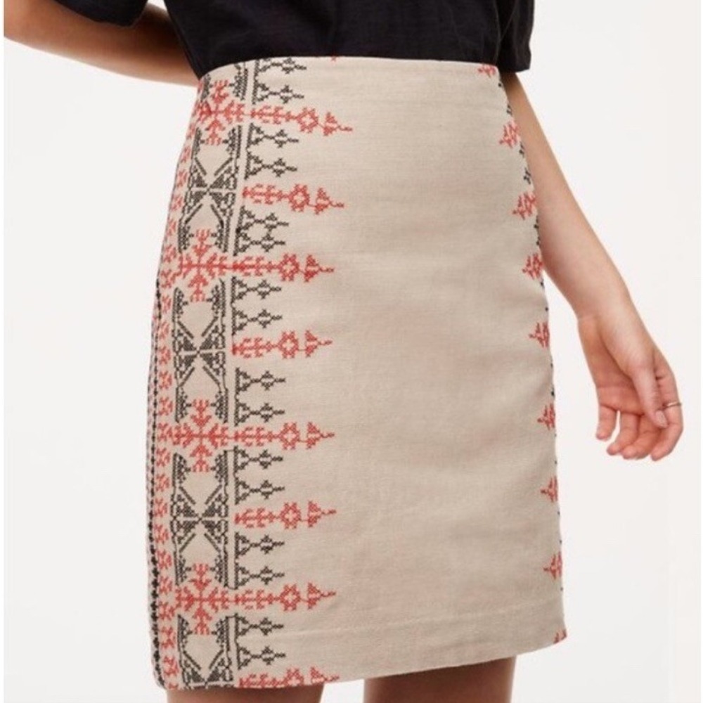 Ann Taylor LOFT Embroidered Cotton Linen Mini Skirt Career Beige Red Womens‎ 8
